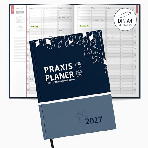 TOBJA® Praxisplaner 2027 A4 Navy Hardcover – Terminplaner Arztpraxis mit 15-Min-Takt 7-21 Uhr, Layflat, Mitarbeiter-Urlaubsplanung, FSC – für Zahnarzt, Tierarzt, Physiotherapie & Heilpraktiker