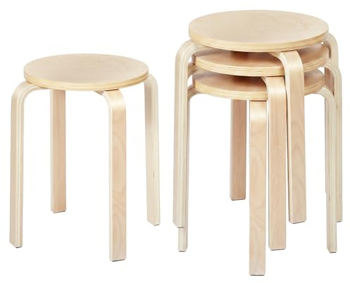 Songvas 4er Set Esszimmerhocker, Stapelbare Sitzhocker aus Massivholz mit Rutschfester Matte, Rund Stapelhocker, Küchenhocker für Esszimmer, Wohnzimmer, Küche (Naturfarbe)