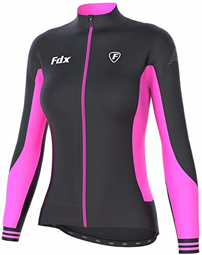 FDX Women’s Thermal Cycling Jersey Long Sleeve Winter Bike Jacket Windproof Water Resistant Roubaix Fleece Cycling Top with 3 Pockets, Reflective High Visibility Riding Jersey (Black/Pink, Large)