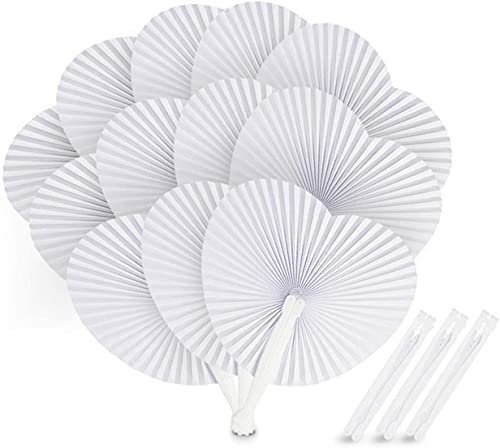 Absofine Éventail en Papier 24pcs Blanc éventail en papier Fan en forme de cœur pliant ventilateurs ronds pour Les Invités Mariage Anniversaire Baptême Fête