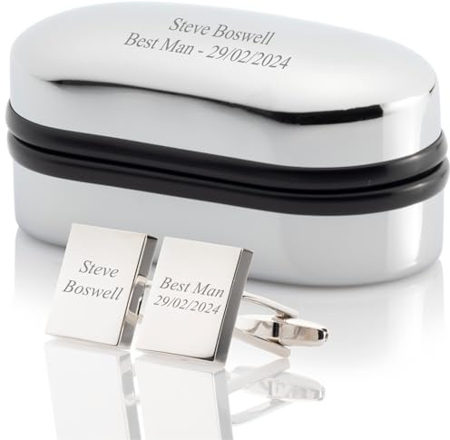 Personalised Silver Plated Rectangular Cufflinks Luxury Engraved Chrome Case - Engraved with your custom text