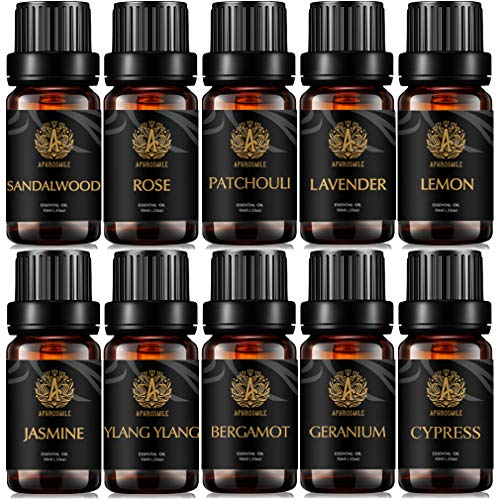 Aromatherapie Geranium ätherisches Öl Set für Diffusor, 100% pure Jasmin ätherisches Öl Kit für Luftbefeuchter, 10x10ml therapeutische Grade Zitrone ätherische Öle Set - Ylang Ylang, Patchouli Öle...