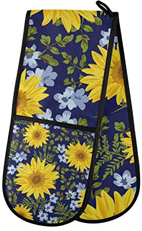 Moyyo Oven Glove Yellow Blue Flowers Double Oven Glove Heat Resistant Kitchen Oven Mitt with Soft Quilted Cotton Lining Filling Pot Holders for Basking Cooking Pizza Microwave