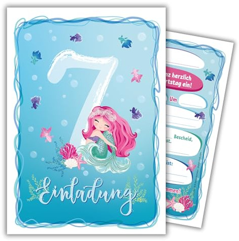 JuNa-Experten 12 biglietti d'invito per il 7° compleanno dei bambini, sirena, inviti per il settimo compleanno