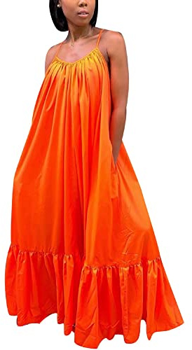 Women's Sexy Spaghetti Strap Sleeveless Ruched Ruffle Hem Bandage Oversized Beach Loose Long Maxi Swing Dress Orange S