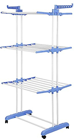 Stendibiancheria pieghevole a forma di torre, 3 livelli con 2 alette laterali pieghevoli, filo per biancheria (bianco-blu)
