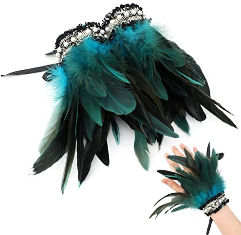 MWOOT Naturlig fjäder handledsmanschetter för kvinnor kostym, fjäderarmband för Mardi Gras bal, halloween handledsarmband