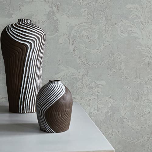 TADESSI WTD 1506 Baroque Giulia M1-No.1506 Papier peint intissé Rouleau Tapisserie Grisblanc Ornements classiques pour salon, chambre à coucher, cuisine