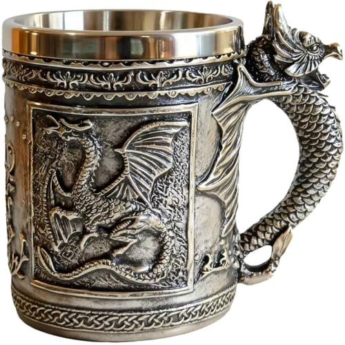 CUZOKOLA Mittelalterlicher Drachenbecher, Dungeons und Drachen, Bierkrug für Game Thrones, Geschenke, Party-Dekoration, Edelstahlkrug, Drache, Kaffeetasse, 400 ml, Trinkbecher, Geschenk für Männer