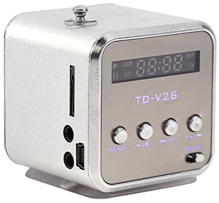 Mini Altavoz, Reproductor de Música con Radio FM, Batería Integrada de 600 MAh, Compatible con Tarjeta TF Y Disco U, Adecuado para el Hogar, Dormitorio, Cocina, Baño(Plata)