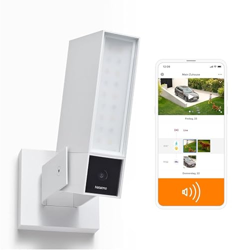 Netatmo Cámara de vigilancia exterior inteligente con sirena de 105 dB, WiFi, iluminación integrada, detección de movimiento, visión nocturna, sin suscripción, blanca, NOC-S-W-DE