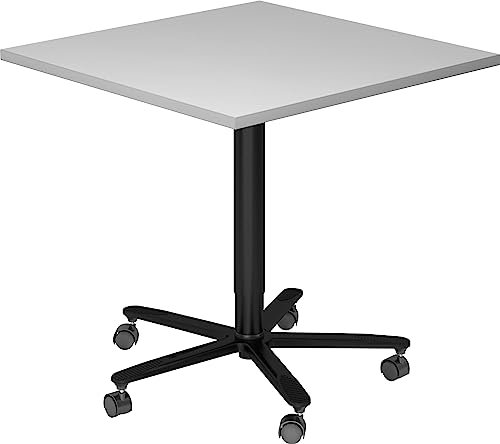 bümö Säulenhubtisch höhenverstellbar, Stehtisch Büro, Bistrotisch eckig 80 x 80 cm - Besprechungstisch grau, Stehtisch Holz-Platte, Säule aus Metall in schwarz, Säulentisch, Hochtisch