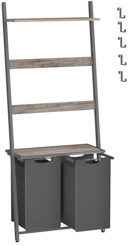 VASAGLE Laundry Basket, 2-Section Laundry Hamper with Blanket Ladder, Pull-Out and Removable Liners, 2 Shelves, 5 Hooks, 2 x 46L, 73 x 33 x 177 cm, Heather Greige and Slate Grey BLH221G01