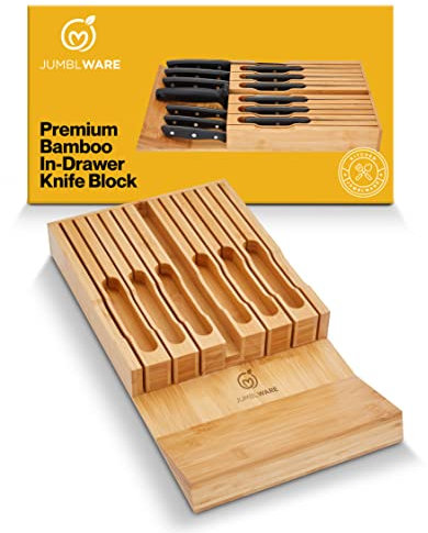 JumblWare Bamboo in-Drawer Knife Block. Wooden Organizer & Cutlery Holder Insert for Inside Drawer, Cabinet or Counter. Universal Dock Fits 16 Steak Knives & Sharpener. Great Kitchen Gadget Gift
