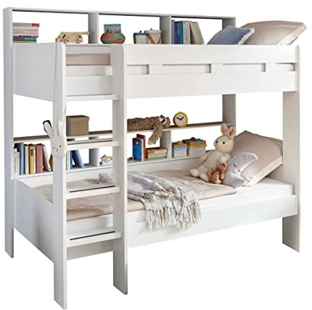 AVANTI TRENDSTORE Gaio Etagenbett mit kleinem Bücherregal in der Nähe der Betten, Matratzen und Lattenroste, nicht im Lieferumfang enthalten, aus laminiertem Holz in matt-weiß, Maße: ca. B x H x B x T
