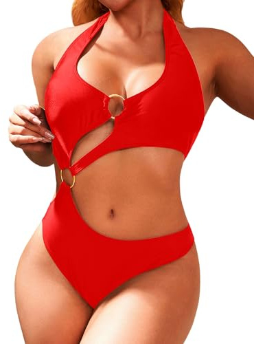 HISAGUHE Women One Piece Swimsuit Slimming Cutout Fashoin Swimwear Metal Ring Bathing Suit Female Beachwear(Red,S)