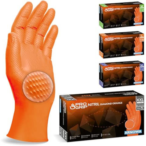500x PROGRIP Gants nitrile taille XXL Orange [Avec double épaisseur et texture diamantée], Gants nitrile à usage unique pour atelier, industrie et montage, Gants nitrile à usage unique