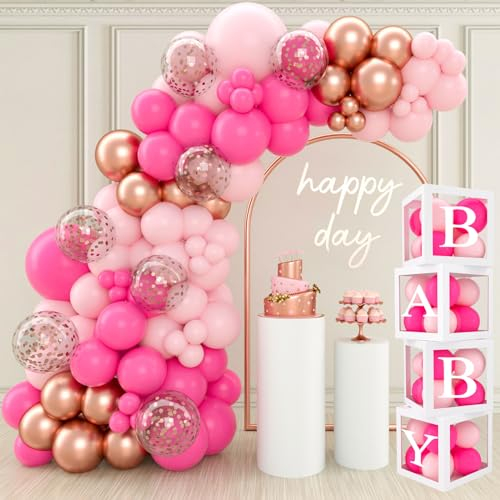 131pcs Baby Shower Decoraciones Niñas- 4Pcs Globo Cajas Con Globos Rosa Arco Kit, Baby Cajas Para Baby Shower, Globo Cajas Con 27 Letras Para Brithday Fiesta Decoraciones Bautizo Boda
