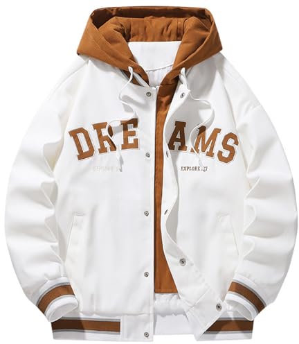KENAIJING Herren Jacke, Herren Casual Kapuzenjacke Herbst und Winter Baseball Kleidung Fake Zweiteilige Jacke Tops, Weiß, M