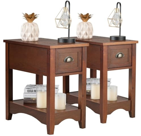 LIFEZEAL Nachttisch 2er Set, Wohnzimmertisch Holz mit Schublade, Nachtkommode aus Gummibaumholz, Beistelltisch schmal für Wohnzimmer, Schlafzimmer, Vintage-Design, 33 x 56 x 58,5 cm (2, Kirsche)