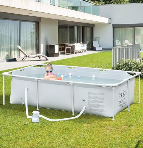 DecHome - Piscina Fuori Terra con Telaio Autoportante Rigida Rettangolare con Filtro e Valvola in Acciaio e PVC 252x152x65 cm colore Grigio