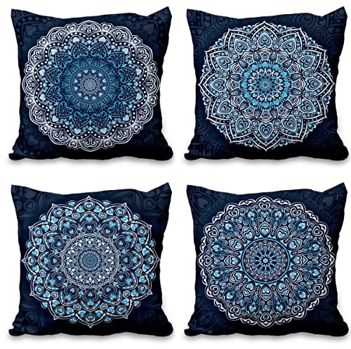 Vie Savaran 4 Pcs/Set Boho Pillow Covers Bohemian Ethnic Floral Mandala Compass Abstract Vintage Hippie Outdoor Linen Throw Pillow Cases for Couch Sofa Farmhouse Decorative, 20x20, Blue White