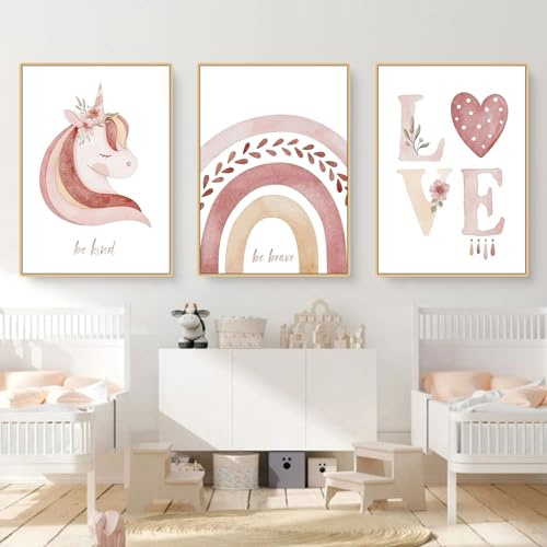 Herfair Lot de 3 images pour chambre d'enfant - Arc-en-ciel - Licorne - Nuages - Adorables posters muraux - Décoration murale - Décoration bohème - Sans cadre