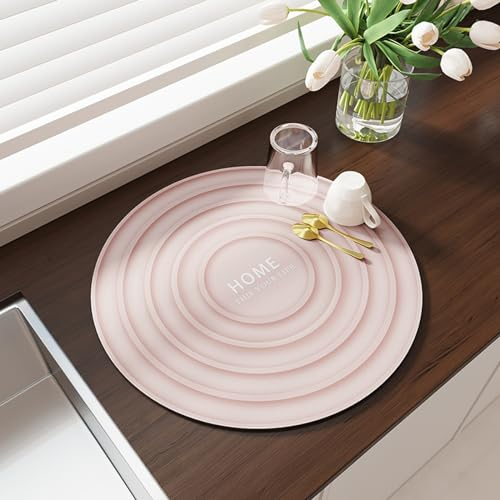 LOMDEM Rund Abtropfmatte Geschirr, Schnelltrocknend Abtropfmatte für Küchentheke, Geschirrabtropfmatte, rutschfest Spülbeckenmatte, Trockenmatte für Geschirr, Kaffeemaschine, Küche (Rosa,40CM)