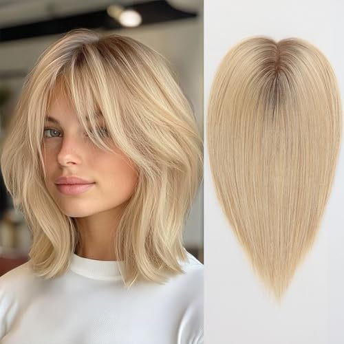 HAIRCUBE hårpotpper för kvinnor topphårstycken 100 % äkta människohår med lugg människohår med schweizisk spetsbas handbundet hår/tunt hår 35 cm (14 tum) ombre ljusblond