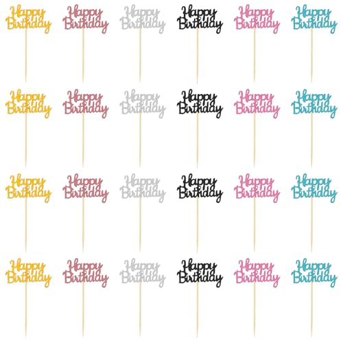 24 Stück Happy Birthday Cup Topper Happy Birthday Kuchendeko Kuchenspießen für Geburtstagspartys, Geburtstagskuchen-Dekorationen, Geburtstags-Cupcake-Spieße, Babyparty, Jubiläumsparty-Zubehör