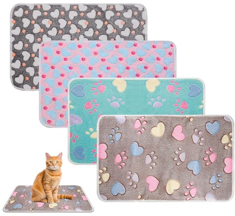 PLUSHCEWT 4 Stück Katzendecke für Katzen, Waschbar Weiche Warme Haustierdecke, Hundedecke Flauschig, Pfotenabdruck Set Katze, Hundedecke für Unterwegs, 60 * 40cm Welpendecken, Kleine Decke