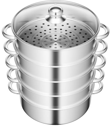 Susoso 5 våningar kastrull, 28 cm rostfritt stål ångkokare med klart synligt lock soppgryta ångare rund potatispjäll för gasugnar silver
