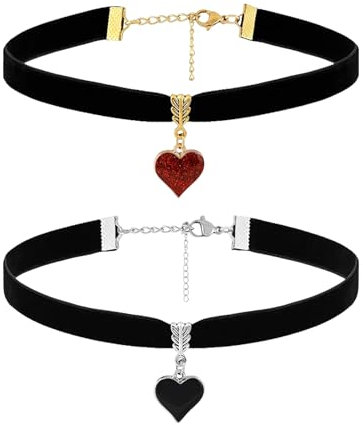 TELAIN Gothic Vintage Choker Halskette Set Aus Samt, Doppelset Mit Schwarzem Und Rotem Herzanhänger, Für Besondere Anlässe Und Alltag