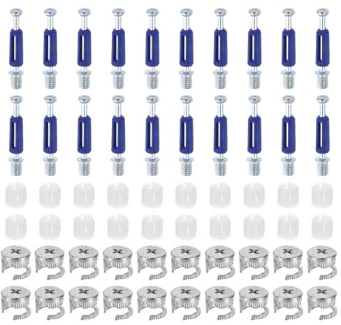 sourcing map 30Set 15x11.5mm Furniture Cam Lock Fitting with 6x40mm Dowel Fasteners, 3-in-1 Metal Furniture Board Connecting Screws Bolts Assortment Kit for Cabinets Chairs Drawer, Blue