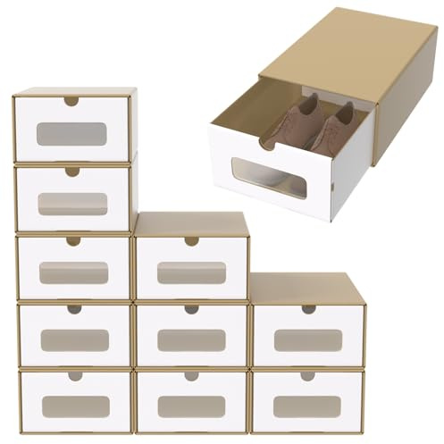 ACXIN Schuhboxen Stapelbar Boxen-Set,Aufbewahrungsbox Schubladen mit Transparentes Sichtfenster,Pappkarton aus Kraftpapier,34.5 x 23.5 x 13.5 cm,30 Stück, Braun