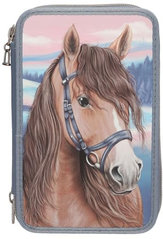 Depesche 13415 Miss Melody - Gefüllte 3-Fach Federtasche in Blau, mit 3D-Effekt und Pferde Motiv, Federmappe mit Buntstiften, Schere, Lineal UVM.