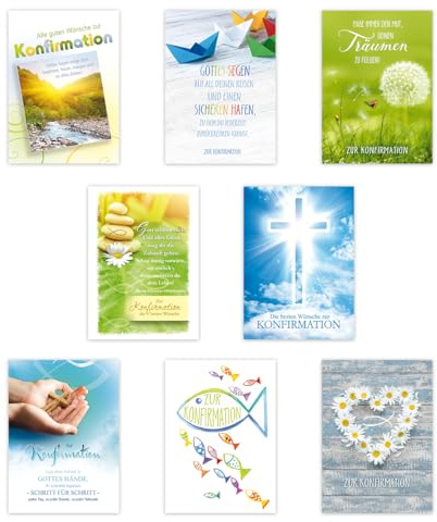 KE - Anspruchsvolles und vielfältiges Konfirmationskarten Set – 8 Glückwunschkarten zur Konfirmation mit 8 Motiven – Vorteilspack für feierliche Glückwünsche