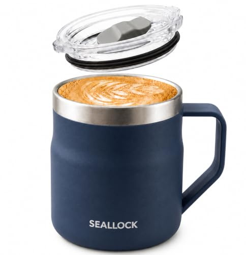 SiHuiTu 450ml Insulated Stainless Steel Coffee Mug with Lid & Handle (Blue) | Reusable modern desk cup keeps hot & cold drinks, perfect for office daily use