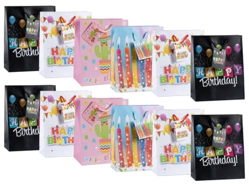 Laro Medium Geschenktüten 10-100 Stk Medium Stripes, Anzahl:12, Muster Tüten:Geburtstag Happy Birthday