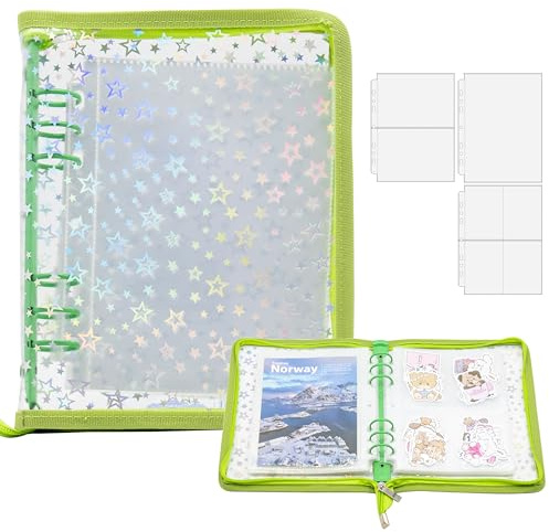 A5 Sticker-Sammelordner mit Reißverschluss, wiederverwendbares Sticker-Organizer-Album mit Taschen, perfekt zum Sammeln, Organisieren und Präsentieren von Stickern (Stern-Grün)