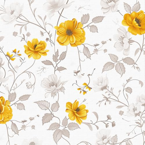 LZH-LP Papier Peint Autocollant, 44x300CM Fleurs Jaune Feuillage Lianes Blanc Grisâtre Papier Contact Décoller Coller Vinyle Film Décoratif Amovible pour Armoires Murales