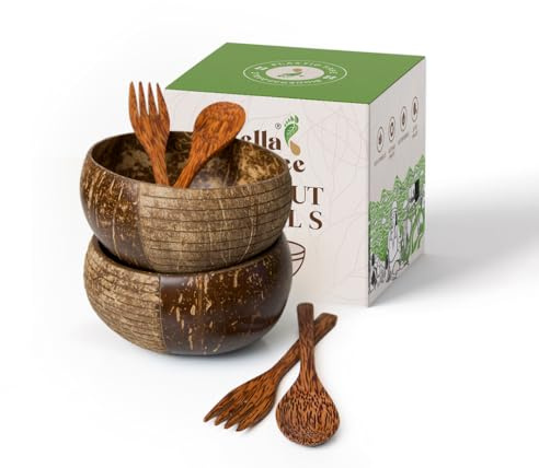 Bella Tree® Lot de 2 bols en noix de coco avec 2 cuillères et fourchettes en bois (rayé)