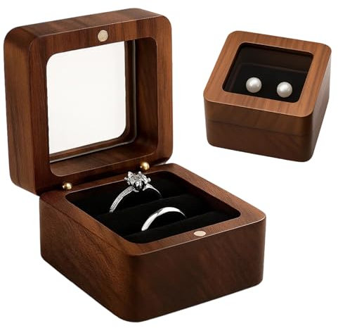 JazRvr Ringbox Hochzeit, Verlobungsring Box, Ringbox Holz Walnuss mit Schwarzer Innenauskleidung, Ring Box für Zwei Ringe, Elegante Ringbox für Hochzeiten und Verlobungen