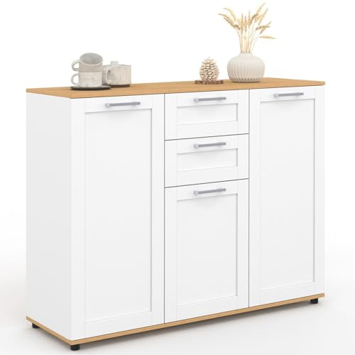 IDMarket - Buffet 100 cm VITO 3 Portes et 2 tiroirs Blanc et Plateau Bois