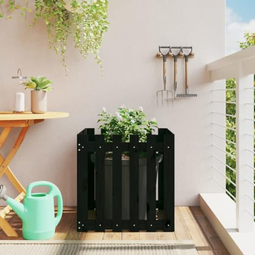 HaoChrymec Vaso per Piante in Legno di Pino, Staccionata Giardino Esterno con Design a Recinzione Nera, Fioriera Rustica per Piante e Fiori, 60x60x60 cm