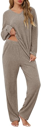 Lovasy Pyjamas for Women Ladies Ribbed 2 Piece Outfits Loungewear Sets Leisure Suits Soft Womens Pyjamas Set V Neck Long Sleeve Jumpers and Wide Leg Trousers with Pockets,Coffee,L