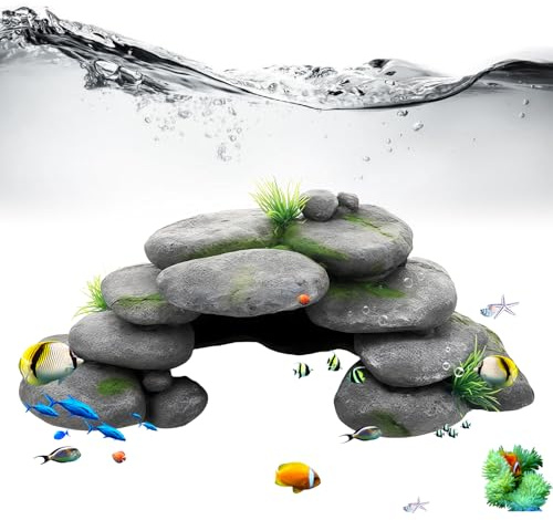GOEDCH Grotta per acquario: grotta decorativa per acquario con erba verde, grotta roccia roccia grotta decorazione pietre, accessori per tartarughe per rettili, nascondiglio in resina alta, per