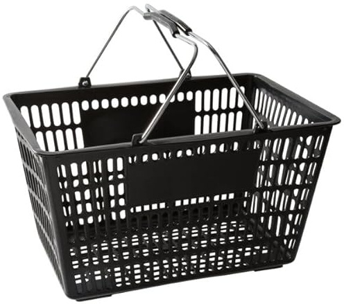 Glownary Black Plastic Shopping Basket with Steel Handles, 18 11/16 x 12 3/8 Inch, 32L Capacity, 55 lb Weight Limit, Stackable Design for Grocery Market