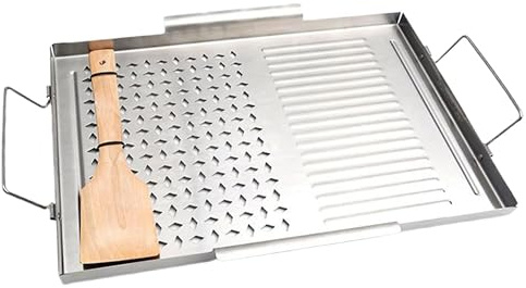 Generico Parrilla para parrilla, placa de cocina, placa de barbacoa, 43 x 29,2 x 2 cm, acero inoxidable, diseño de dos asas, exterior resistente al calor, para interior y exterior, barbacoa