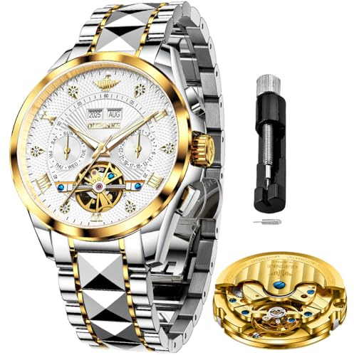 OLEVS Automatische Herren-Armbanduhr, mechanisch, luxuriös, selbstaufziehend, mehrere Kalender, Edelstahl, wasserdichte Armbanduhr für Herren, Silberne Uhren, selbstaufziehend, Herrenuhr